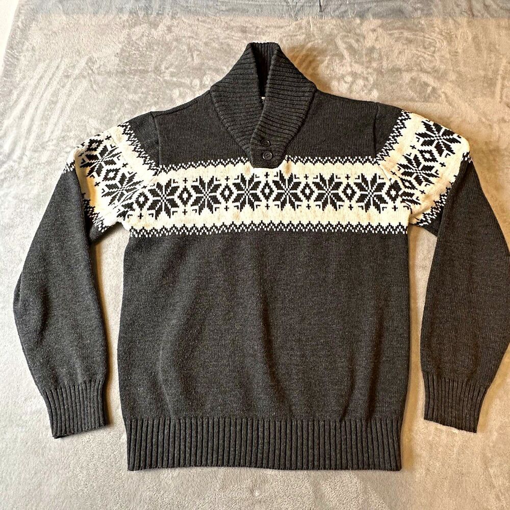 H2H Men's Fair Isle H2H Mock Neck Button Knit Acrylic Pullover Sweater L